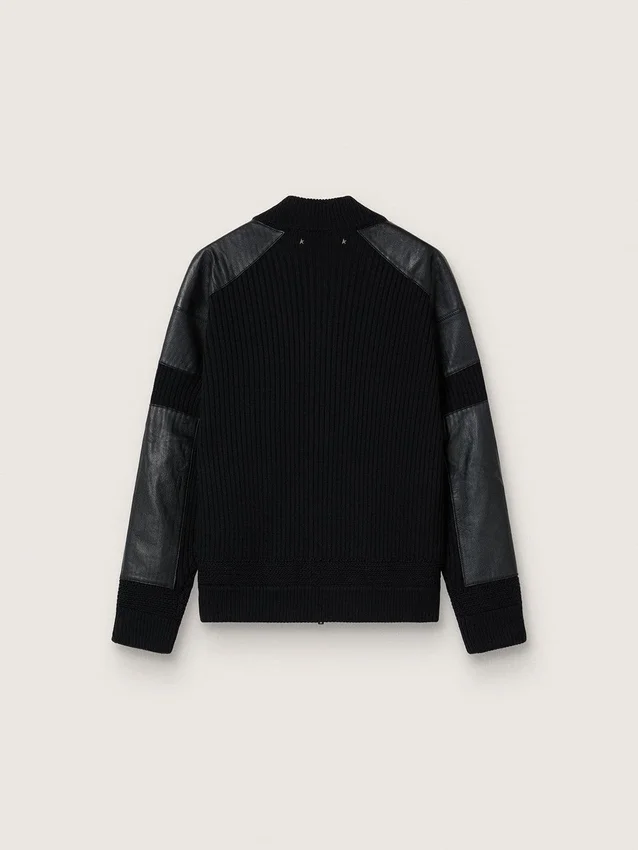 Men's black merino wool jacket with leather patches