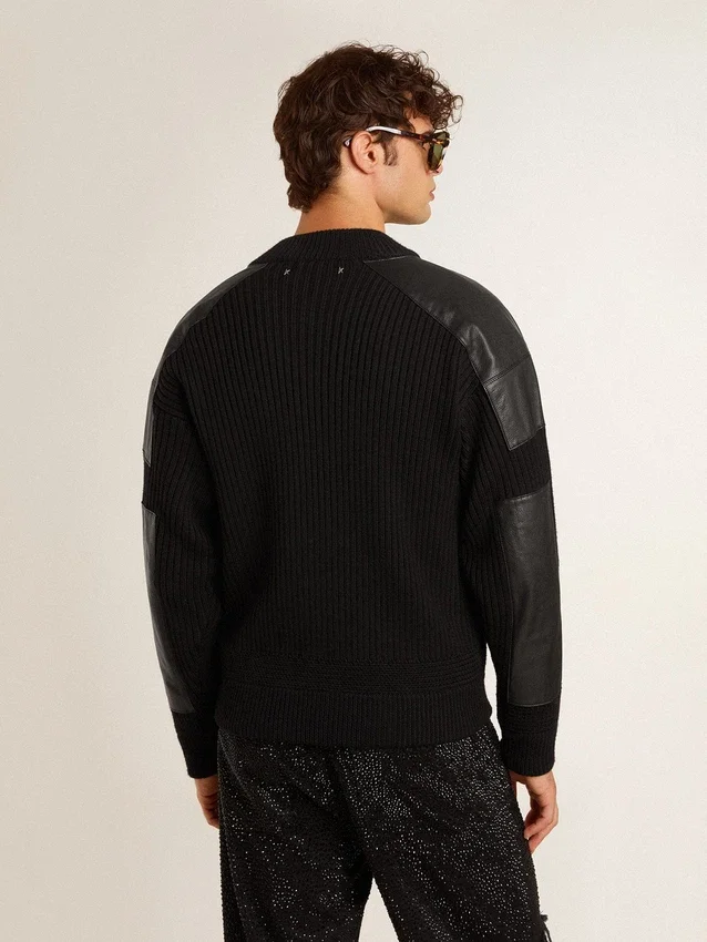 Men's black merino wool jacket with leather patches
