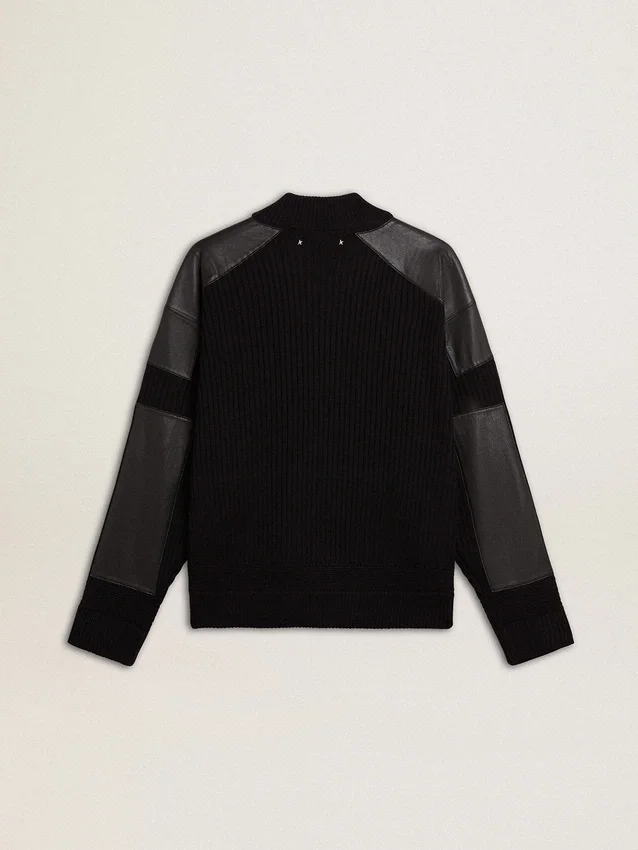 Men's black merino wool jacket with leather patches