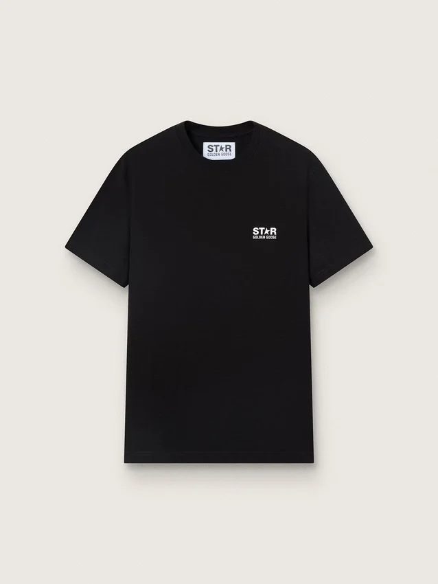 Men's black T-shirt with contrasting white logo and star