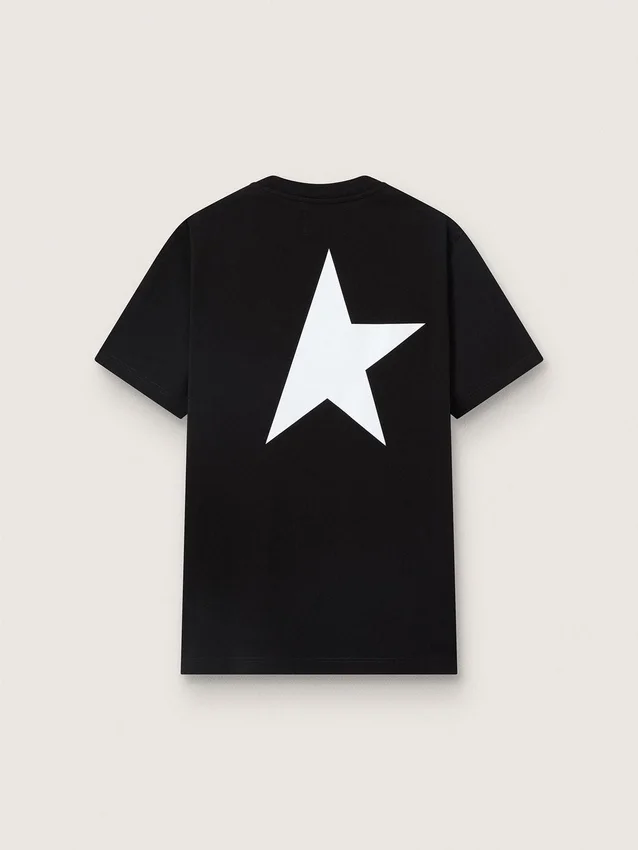 Men's black T-shirt with contrasting white logo and star