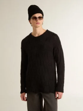 Men’s black wool sweater with a distressed effect
