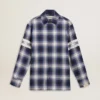 Men's blue 3D checkered shirt with print on the back