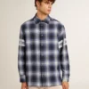 Men's blue 3D checkered shirt with print on the back
