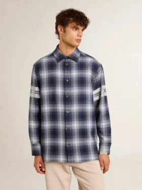 Men’s blue 3D checkered shirt with print on the back