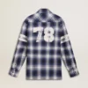 Men's blue 3D checkered shirt with print on the back