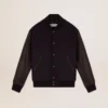 Men's bomber jacket in dark blue wool with leather sleeves