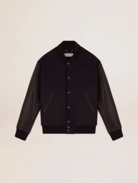 Men's bomber jacket in dark blue wool with leather sleeves