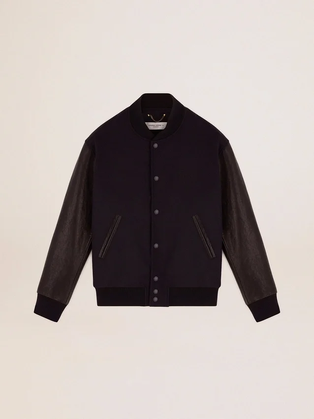 Men's bomber jacket in dark blue wool with leather sleeves