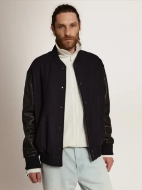 Men’s bomber jacket in dark blue wool with leather sleeves