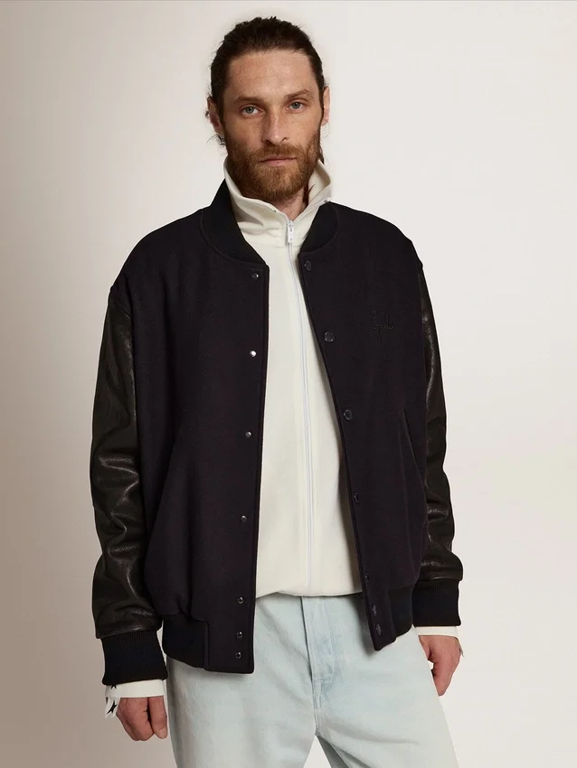 Men's bomber jacket in dark blue wool with leather sleeves
