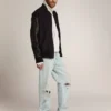 Men's bomber jacket in dark blue wool with leather sleeves