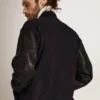 Men's bomber jacket in dark blue wool with leather sleeves