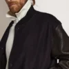 Men's bomber jacket in dark blue wool with leather sleeves