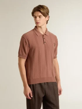 Men’s brick-colored polo with embroidered logo.