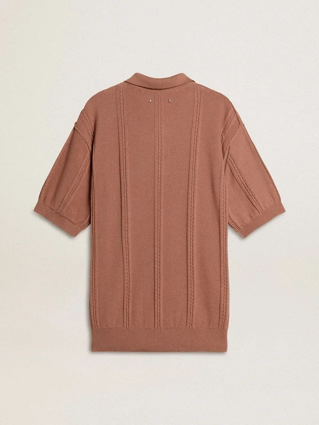 Men's brick-colored polo with embroidered logo.