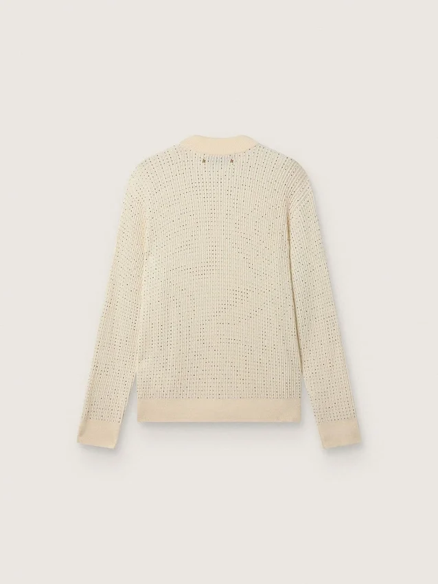 Men's crew-neck sweater in white merino wool with all-over crystals