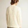 Men's crew-neck sweater in white merino wool with all-over crystals