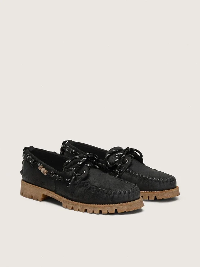 Men's Cruise loafers in black waxed suede with black hiking laces