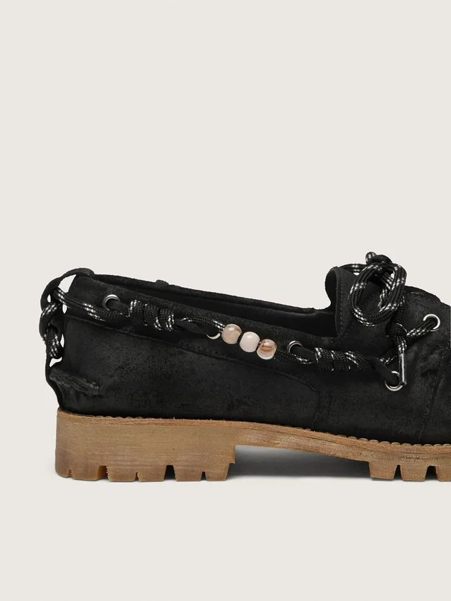 Men's Cruise loafers in black waxed suede with black hiking laces