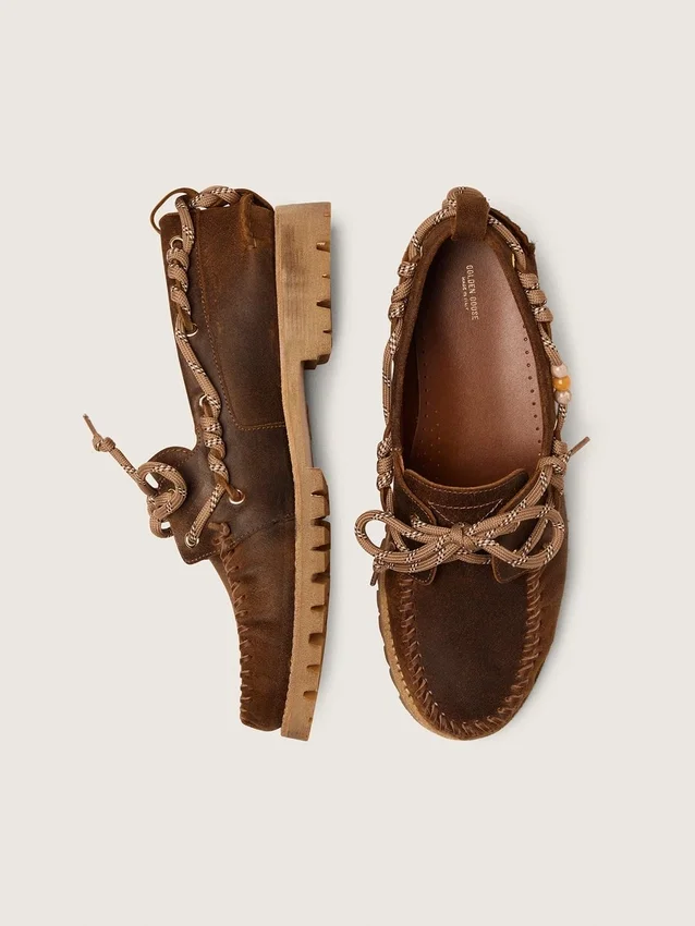 Men's Cruise loafers in brown waxed suede with dove gray hiking laces