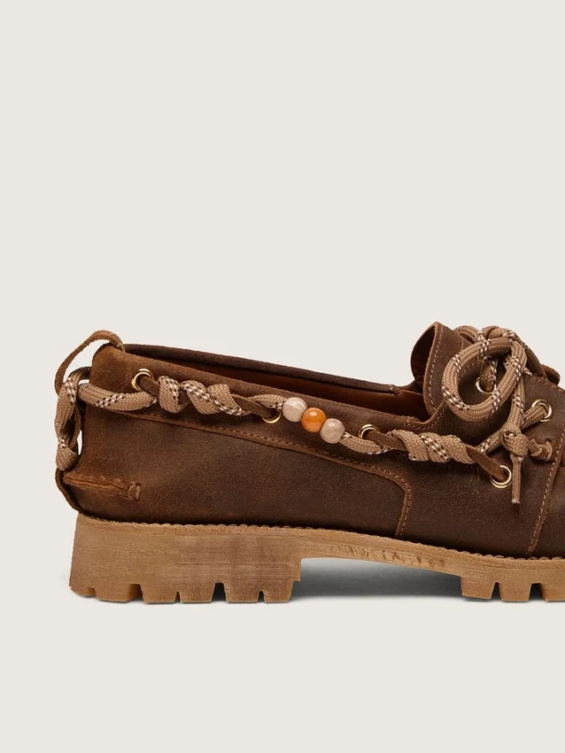 Men's Cruise loafers in brown waxed suede with dove gray hiking laces
