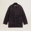 Men's denim jacket with distressed details and leather collar
