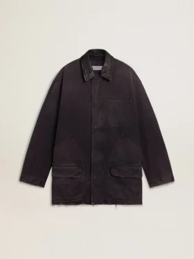 Men's denim jacket with distressed details and leather collar