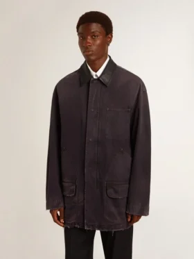 Men’s denim jacket with distressed details and leather collar