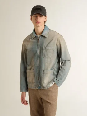 Men’s distressed-effect denim jacket with zip