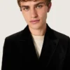Men’s double-breasted blazer in black velvet with black satin lapels