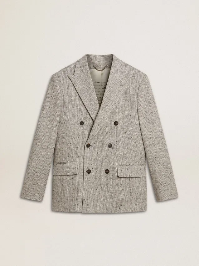 Men's double-breasted jacket in gray silk and chevron wool