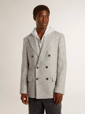 Men’s double-breasted jacket in gray silk and chevron wool