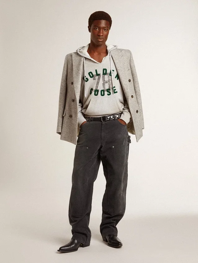 Men's double-breasted jacket in gray silk and chevron wool