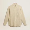 Men’s ecru cotton shirt with narrow black stripes