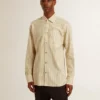 Men’s ecru cotton shirt with narrow black stripes