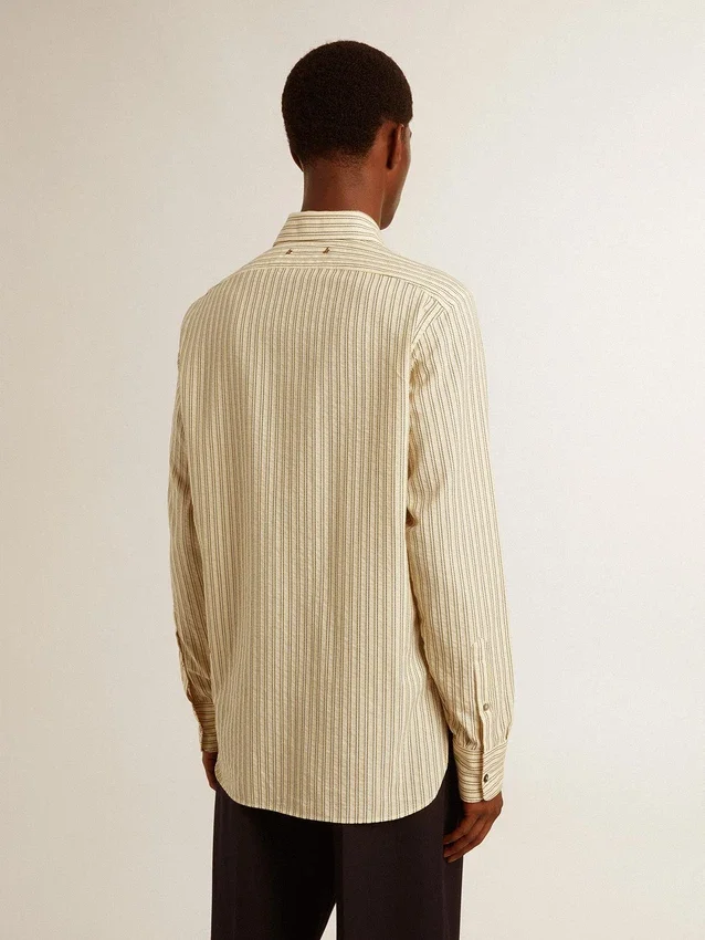 Men’s ecru cotton shirt with narrow black stripes
