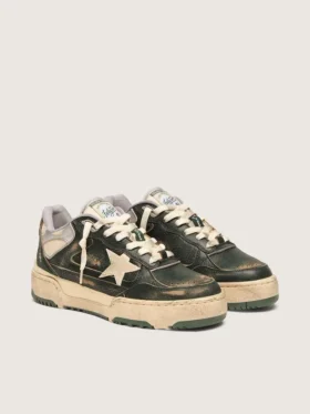 Men’s Forty2 in green leather and cream nylon with TPU star and silver leather heel tab