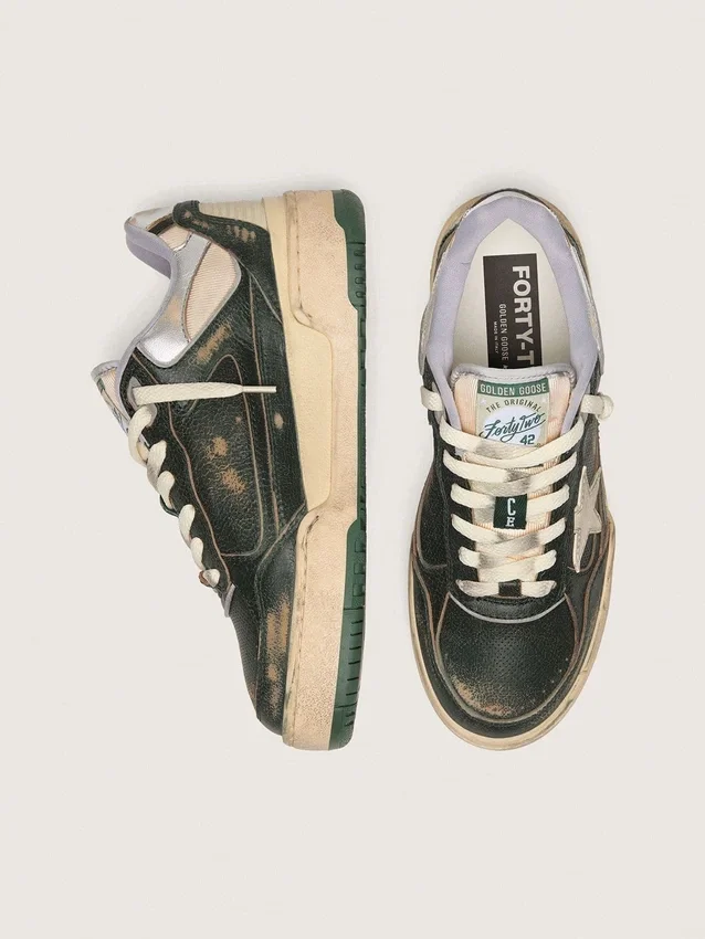 Men's Forty2 in green leather and cream nylon with TPU star and silver leather heel tab
