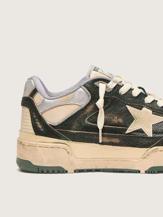 Men's Forty2 in green leather and cream nylon with TPU star and silver leather heel tab
