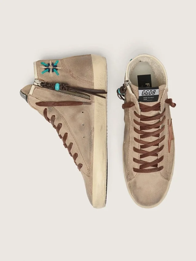 Men’s Francy in beige suede with brown leather star and colored beads