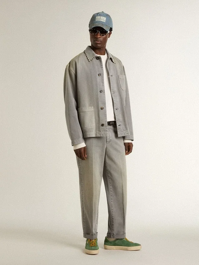 Men's gray denim jacket with studs