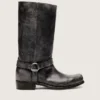 Men's high Biker boots in black leather with strap and silver-colored buckle
