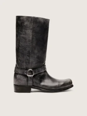 Men's high Biker boots in black leather with strap and silver-colored buckle