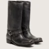 Men's high Biker boots in black leather with strap and silver-colored buckle