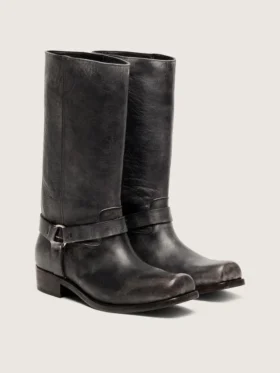 Men’s high Biker boots in black leather with strap and silver-colored buckle