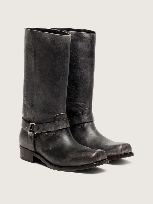 Men's high Biker boots in black leather with strap and silver-colored buckle