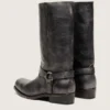 Men's high Biker boots in black leather with strap and silver-colored buckle