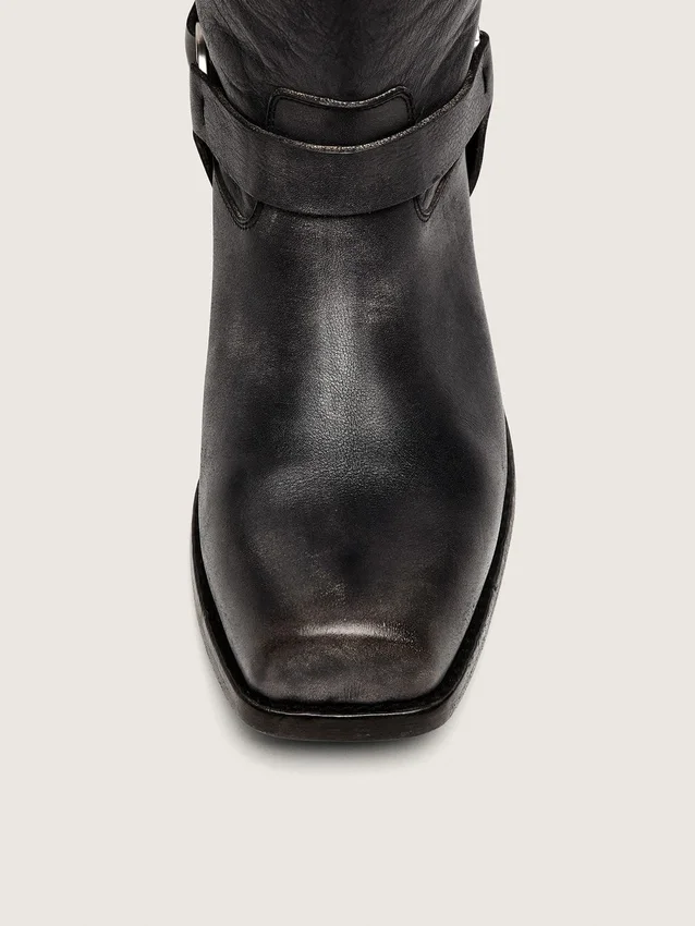 Men's high Biker boots in black leather with strap and silver-colored buckle