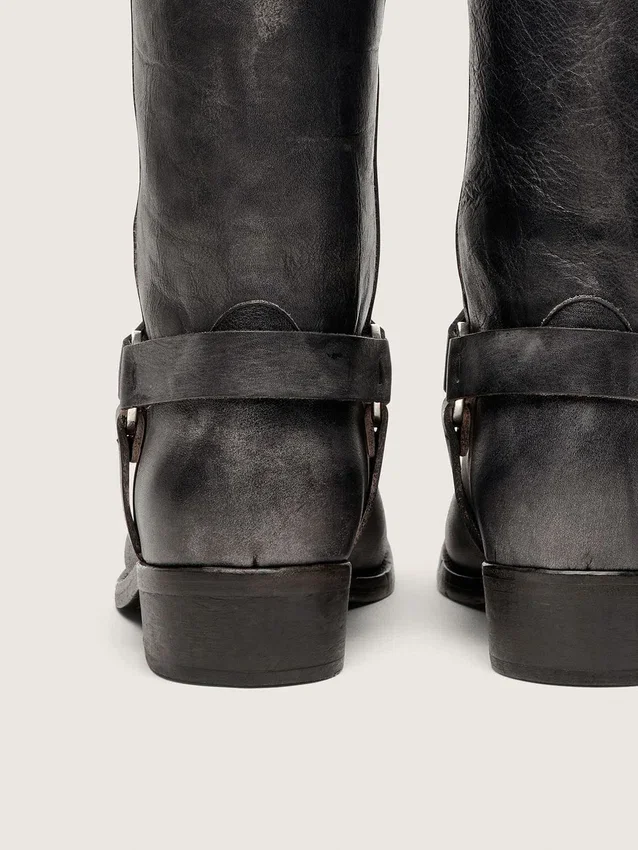 Men's high Biker boots in black leather with strap and silver-colored buckle